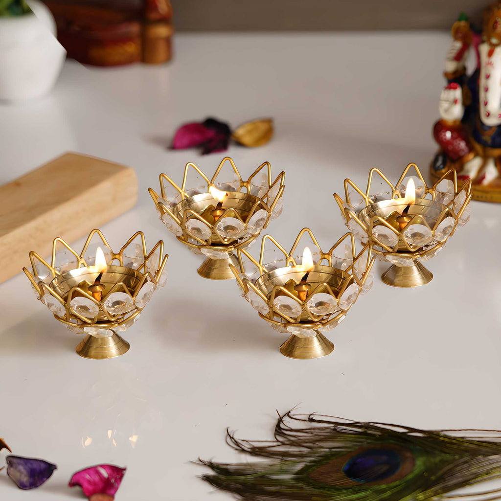 Elegant Crystal Lotus Tea Light Holders (Set of 4)