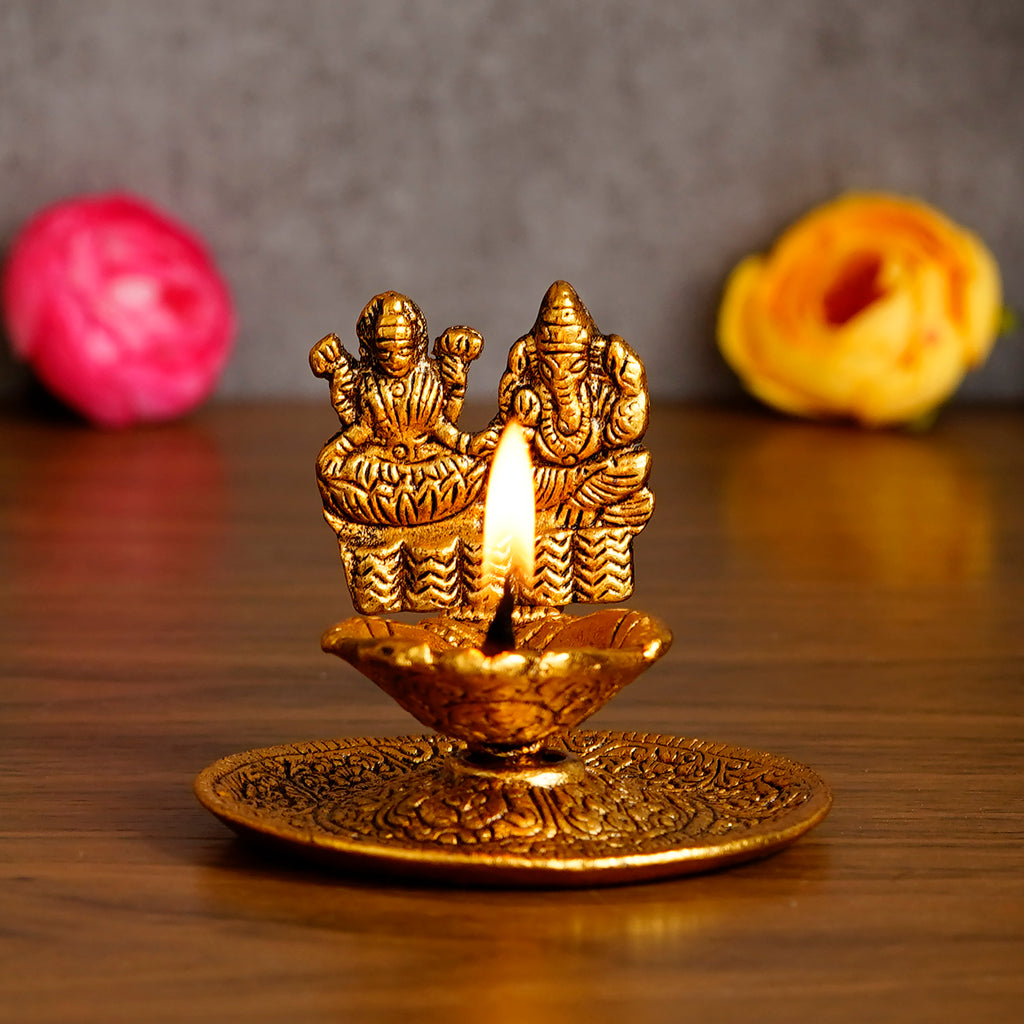 Divine Laxmi &amp; Ganesha Golden Metal Diya