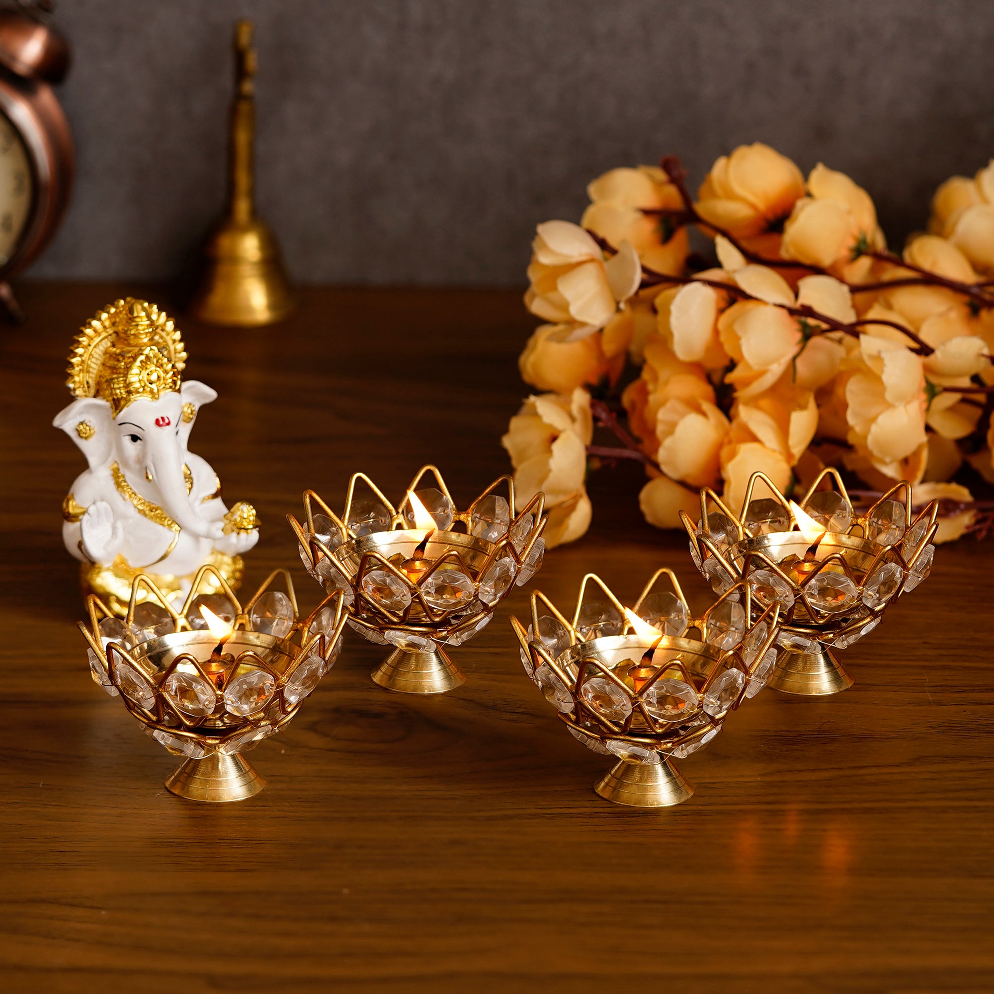 Elegant Crystal Lotus Tea Light Holders (Set of 4)
