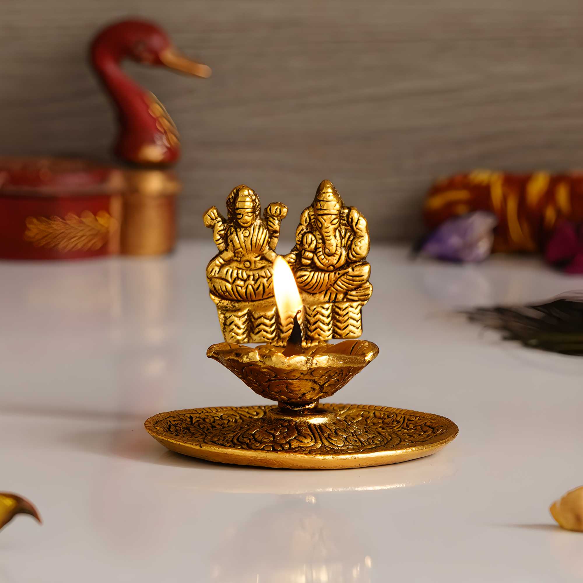 Divine Laxmi &amp; Ganesha Golden Metal Diya