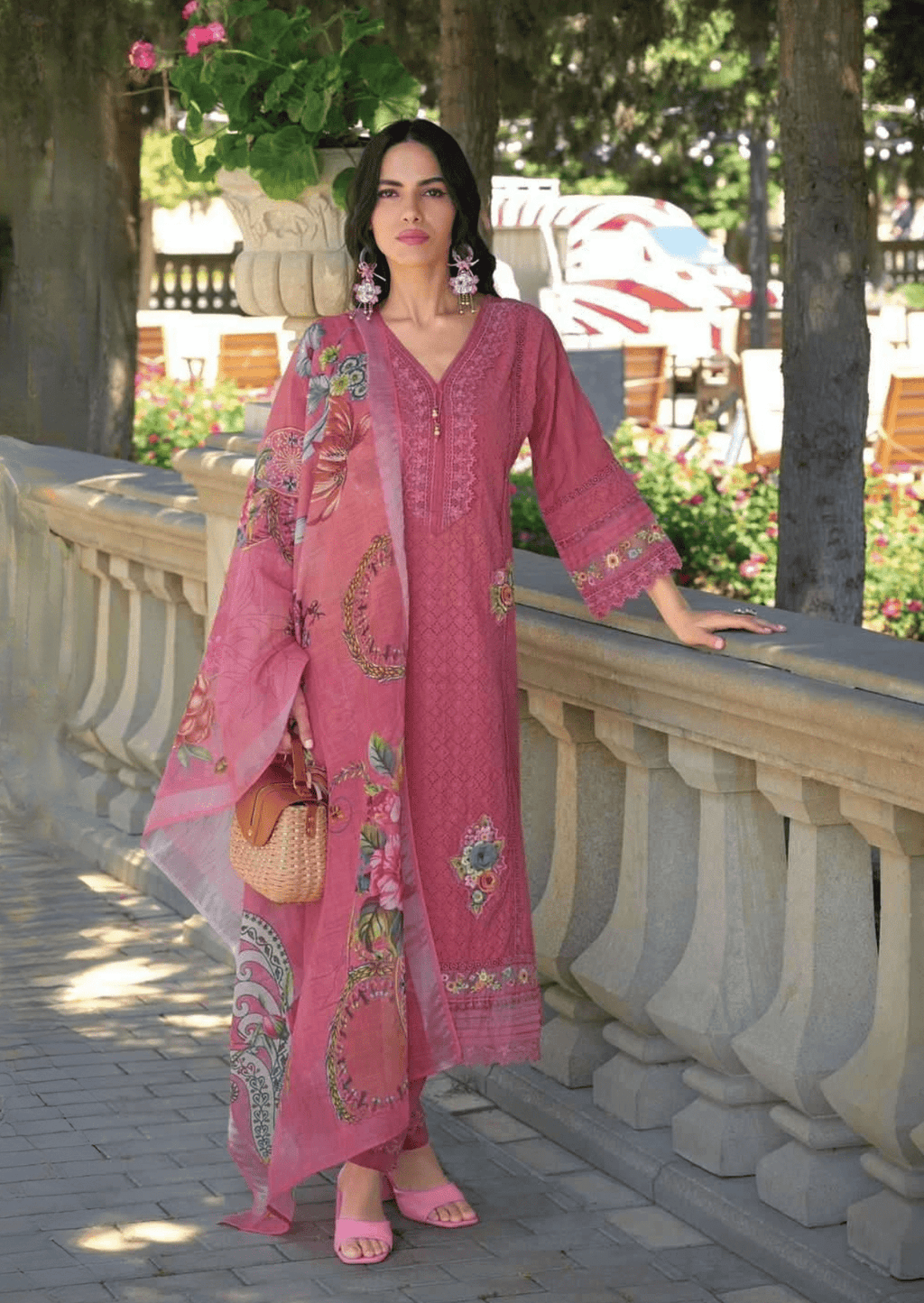 Gulbahar Rouge Pink Floral Embroidered Cotton Suit Set