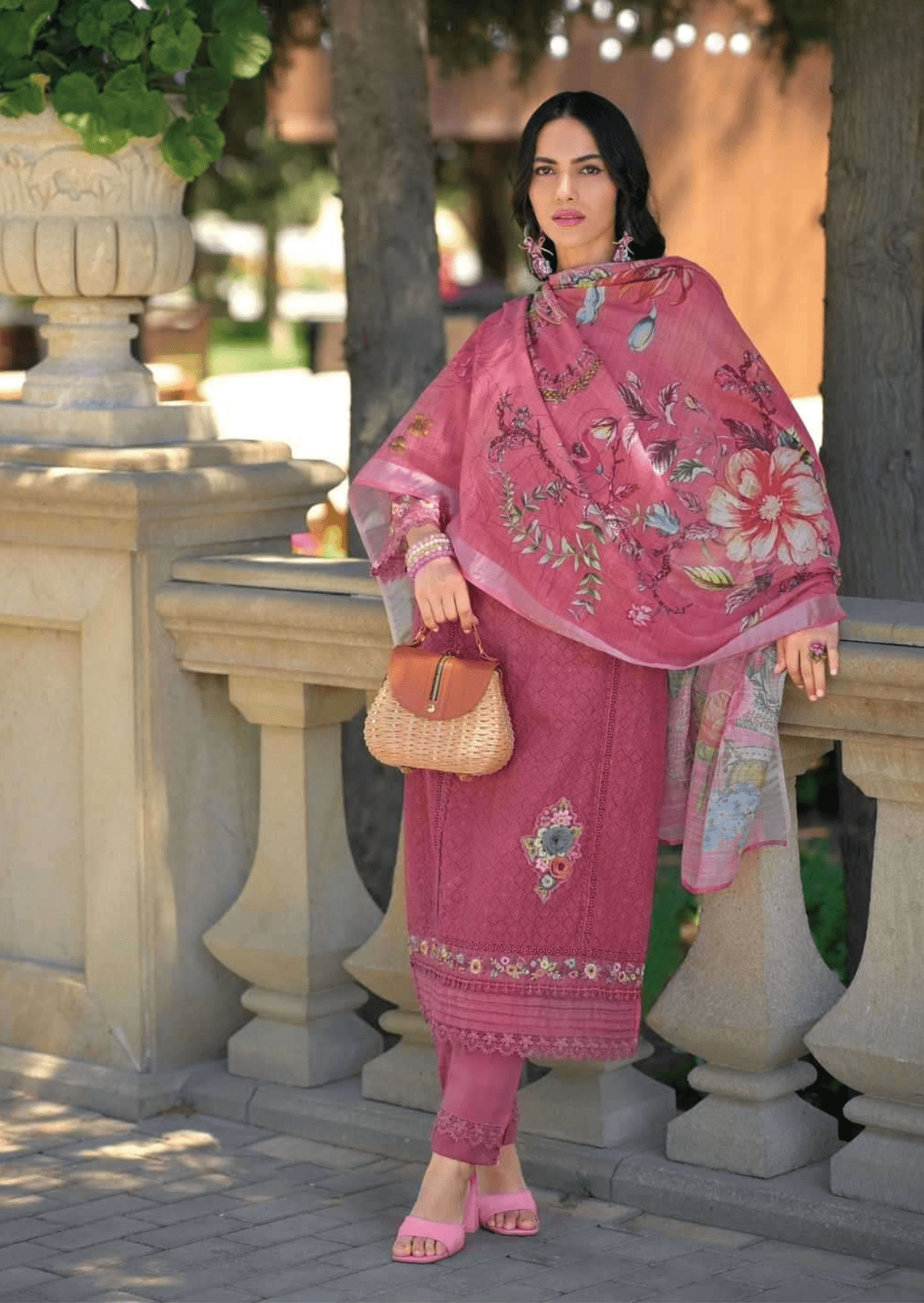 Gulbahar Rouge Pink Floral Embroidered Cotton Suit Set