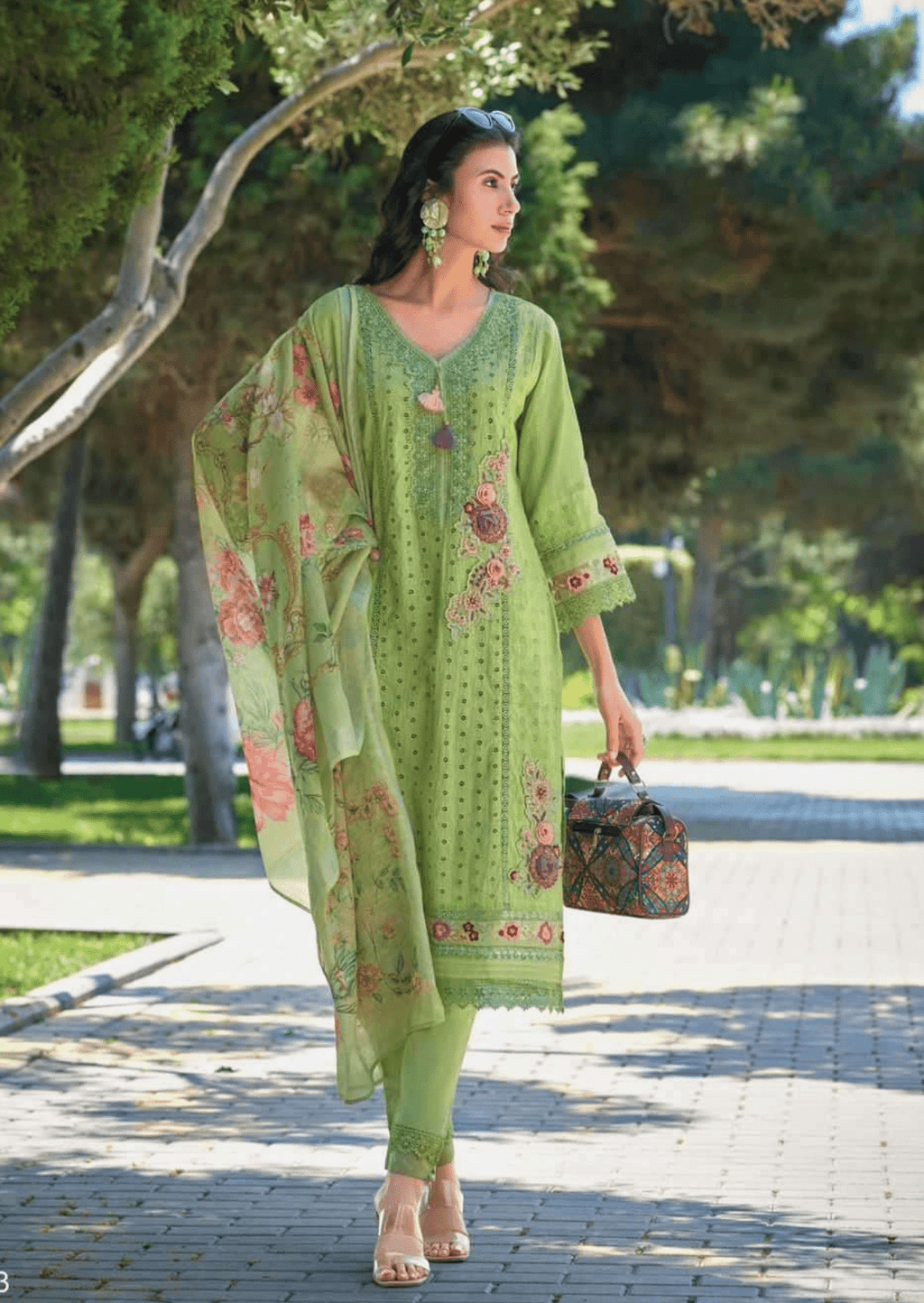 Mehmaan-e-Bahar Lime Green Floral Embroidered Suit Set
