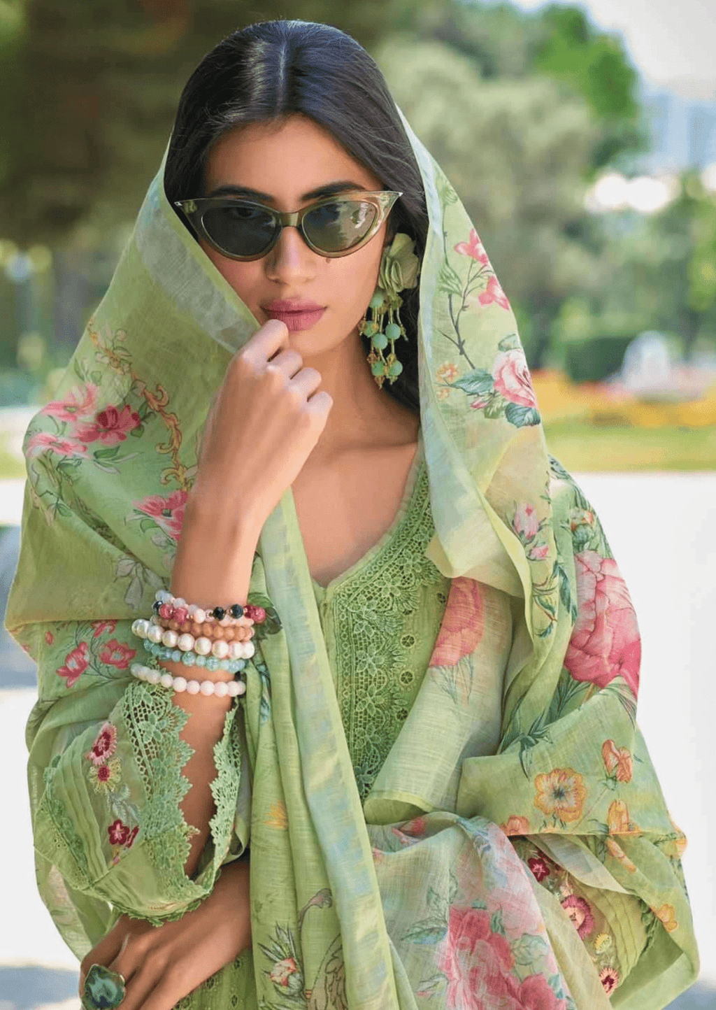 Mehmaan-e-Bahar Lime Green Floral Embroidered Suit Set